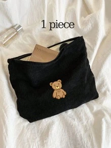 1入組時尚簡約印花燈芯絨化妝包便攜式化妝收納袋皮夾女大容量化妝包適合日常使用學生返校旅行 - 黑色 - 查看 2