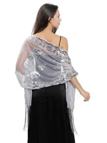 Beaded Embroidered Long Fringe Shawl For Bride, Bridesmaid, Prom, Evening Dress - Silver - View 1