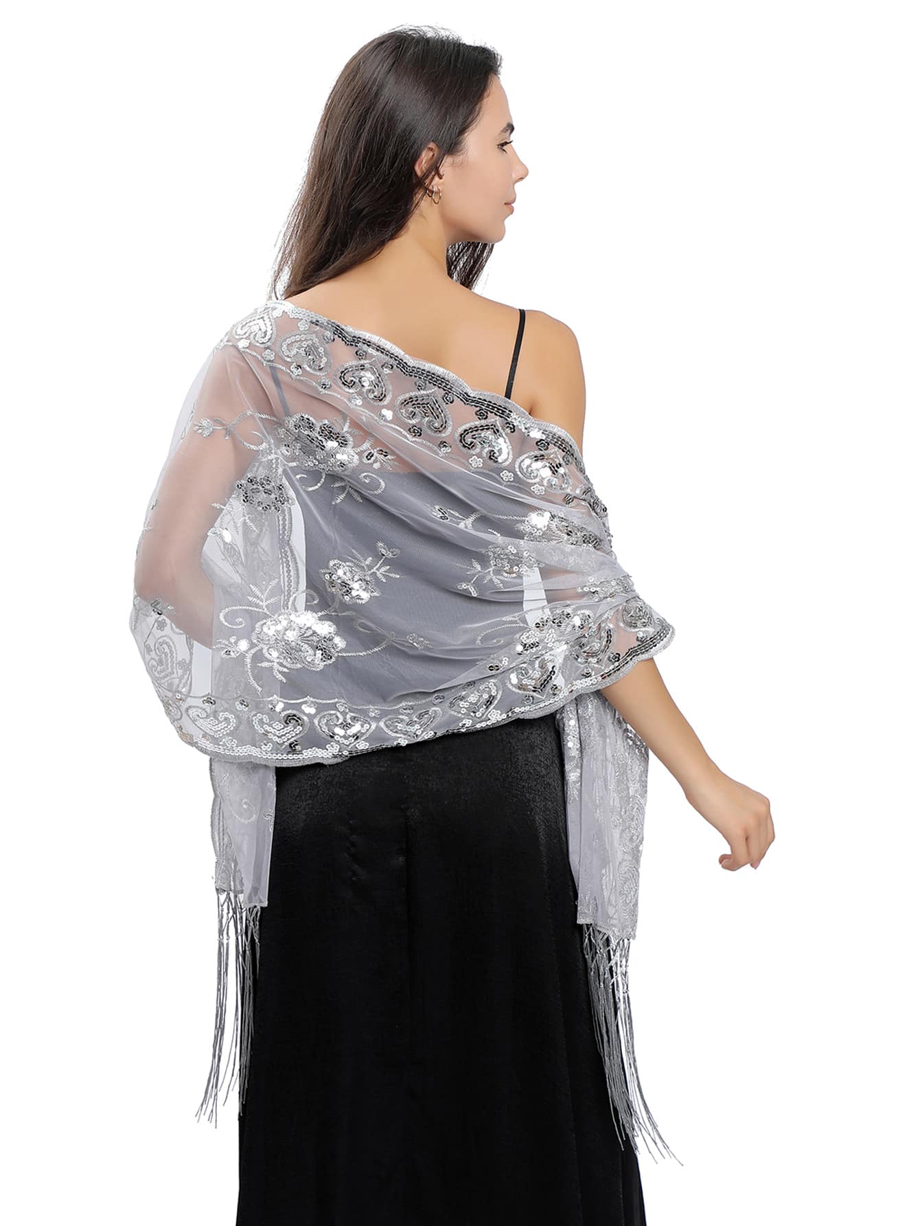 Beaded Embroidered Long Fringe Shawl For Bride, Bridesmaid, Prom, Evening Dress - Silver - View 1