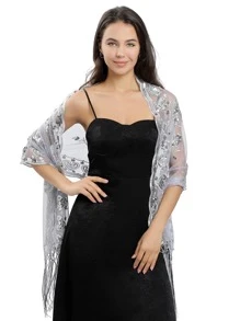 Beaded Embroidered Long Fringe Shawl For Bride, Bridesmaid, Prom, Evening Dress - Silver - View 3