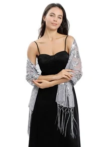 Beaded Embroidered Long Fringe Shawl For Bride, Bridesmaid, Prom, Evening Dress - Silver - View 4
