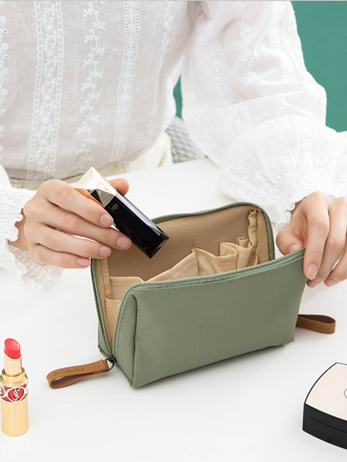 1pc Portable Mini Travel Cosmetic Bag With Hand Strap - Green - View 1