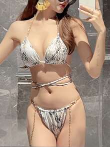 Gathered Bikini Set With Chain Decorations - Multicolor - View 1
