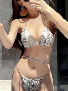 Gathered Bikini Set With Chain Decorations - Multicolor - View 2