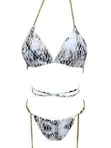 Gathered Bikini Set With Chain Decorations - Multicolor - View 3