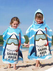 1 pieza de Toalla de baño con capucha y botones para niños con estampado de tiburón en fibras ultrafinas, absorción de agua y calor para natación, playa y surf
