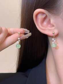 1pair Faux Jade Noctilucent Twisted Design Imitated Faux Pearl Earrings Suitable For Women - Multicolor - View 3