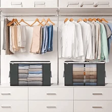 Large Clothes Storage Bag, Clothes Organizer With Handle & Clear Window, Storage Bins Containers For Comforters & Blankets - Grey - View 2