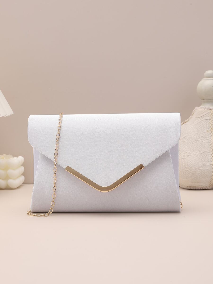 1pc Solid Colour Flap Closure Clutch Bag With Metallic Decoration For Evening Party - White - View 1