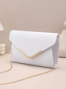 1pc Solid Colour Flap Closure Clutch Bag With Metallic Decoration For Evening Party - White - View 2