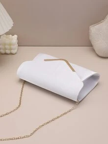 1pc Solid Colour Flap Closure Clutch Bag With Metallic Decoration For Evening Party - White - View 6