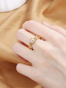 1pc Zirconia Flower Leaf Open Ring, Luxury Adjustable Finger Ring, Versatile Chic Hand Ornament Valentines