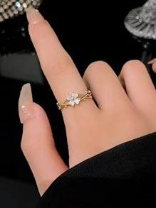 1pc Zirconia Flower Leaf Open Ring, Luxury Adjustable Finger Ring, Versatile Chic Hand Ornament Valentines