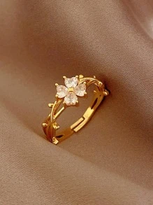 1pc Zirconia Flower Leaf Open Ring, Luxury Adjustable Finger Ring, Versatile Chic Hand Ornament Valentines