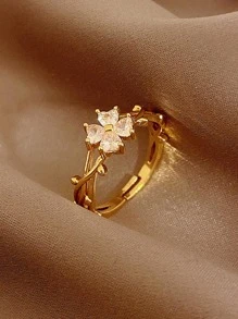 1pc Zirconia Flower Leaf Open Ring, Luxury Adjustable Finger Ring, Versatile Chic Hand Ornament Valentines