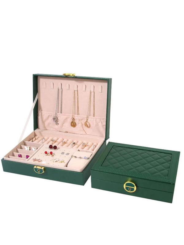 1pc Luxury Jewelry Storage Box With Green Pattern, Birthday Gift Home Decor Organizer