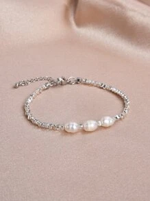 1pc 925 Sterling Silver Natural Pearl & Hematite Women Bracelet, Mother's Day, Valentine's Day, Wedding, Bridal Gift - White - View 1