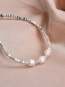 1pc 925 Sterling Silver Natural Pearl & Hematite Women Bracelet, Mother's Day, Valentine's Day, Wedding, Bridal Gift - White - View 2