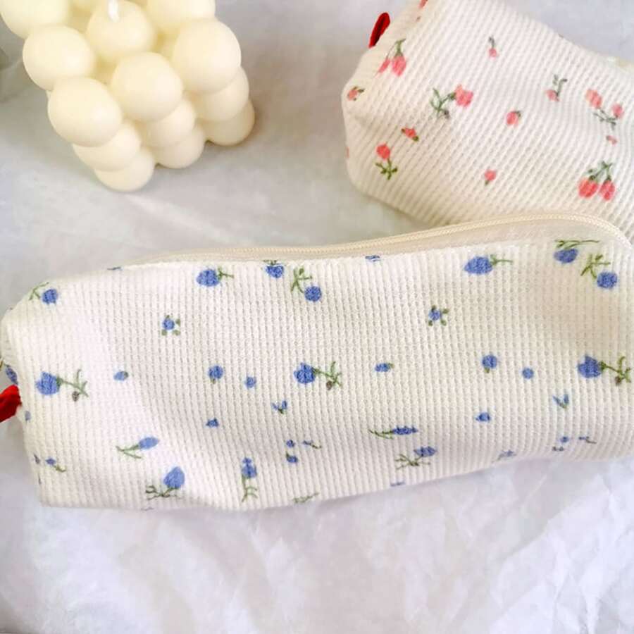 1pc Blue Flower Print Pencil Case Simple Style Large Capacity Multipurpose Stationery Pouch For Students - Blue - View 1