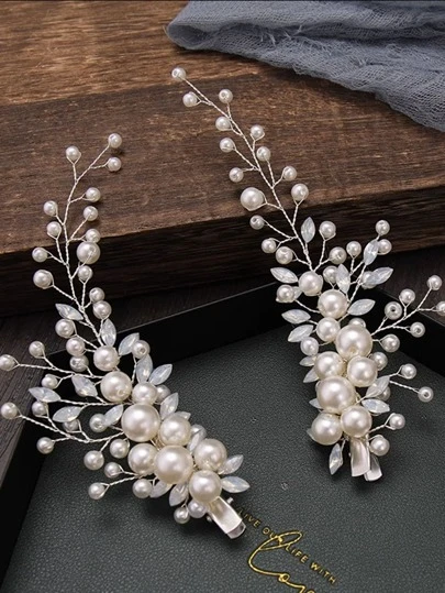 2pcs/Set Women's Handmade Faux Pearl, Proteins & Glass Rhinestone Hair Clip For Bridal Wedding Headpiece Elegant Claw Clips Hair Claws Hair Barrettes, School Stuff, Faux Pearl Hair Accessories