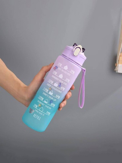 1pc Purple Gradient Portable Sports Space Bottle With Pop-Up Lid And Straw, Comes With Diy Cartoon Stickers, For Outdoor, Camping