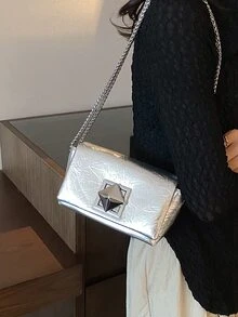 Metallic Glossy Shoulder Chain Crossbody Bag For Women - Silver - View 2