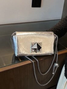 Metallic Glossy Shoulder Chain Crossbody Bag For Women - Silver - View 3
