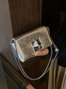 Metallic Glossy Shoulder Chain Crossbody Bag For Women - Silver - View 4
