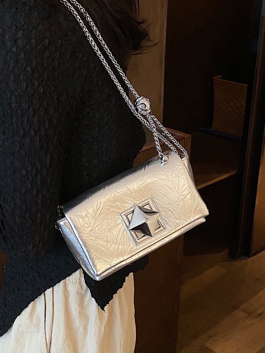 Metallic Glossy Shoulder Chain Crossbody Bag For Women - Silver - View 1