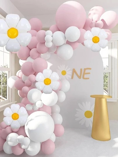106 pièces/paquet Kit d'arche de ballons roses, guirlande de ballons de marguerite, ballons de fleurs blanches, décoration pour mariage et fête d'anniversaire