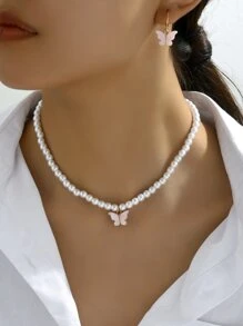 3pcs/Set Simple And Fresh Style Faux Pearl & Pink Butterfly Shaped Jewelry Set Suitable For Women - Multicolor - View 4