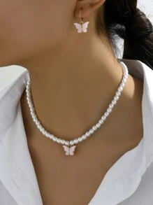 3pcs/Set Simple And Fresh Style Faux Pearl & Pink Butterfly Shaped Jewelry Set Suitable For Women - Multicolor - View 1