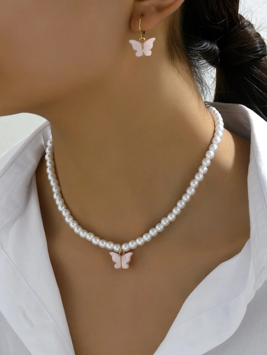 3pcs/Set Simple And Fresh Style Faux Pearl & Pink Butterfly Shaped Jewelry Set Suitable For Women - Multicolor - View 1