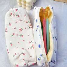 1pc Blue Flower Print Pencil Case Simple Style Large Capacity Multipurpose Stationery Pouch For Students - Blue - View 3