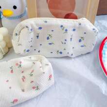 1pc Blue Flower Print Pencil Case Simple Style Large Capacity Multipurpose Stationery Pouch For Students - Blue - View 6