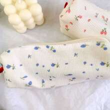 1pc Blue Flower Print Pencil Case Simple Style Large Capacity Multipurpose Stationery Pouch For Students - Blue - View 8