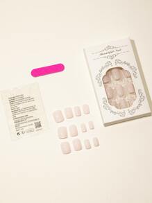 24 Stücke/Set Kurze quadratische einfache einfarbige gefälschte Nägel, Nagelfeile und Jelly-Kleber enthalten, Drucknägel Nagelbedarf - Beige - Übersicht 2