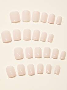 24 Stücke/Set Kurze quadratische einfache einfarbige gefälschte Nägel, Nagelfeile und Jelly-Kleber enthalten, Drucknägel Nagelbedarf - Beige - Übersicht 3