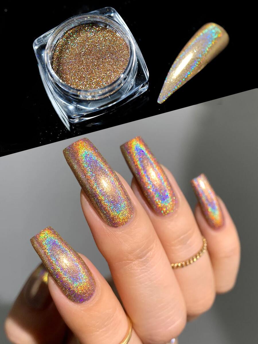 1 盒全息激光美甲闪光粉，用于指甲镜面抛光镀铬颜料闪光浸粉 DIY 指甲饰品指甲宝石指甲用品
