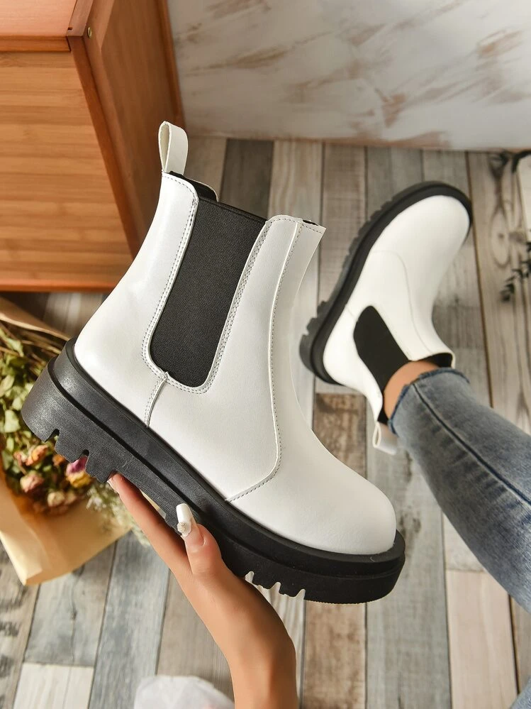 Women s Combat Boots 2023 New Spring Autumn Slip On Boots And Thick Soled Ankle Boots In White Chelsea Style SHEIN ASIA