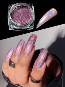 1 盒 Y2K 美学全息激光美甲闪光粉，用于指甲镜面抛光镀铬颜料闪光浸粉 DIY 指甲饰品指甲宝石指甲用品 - 紫色 - 查看 1