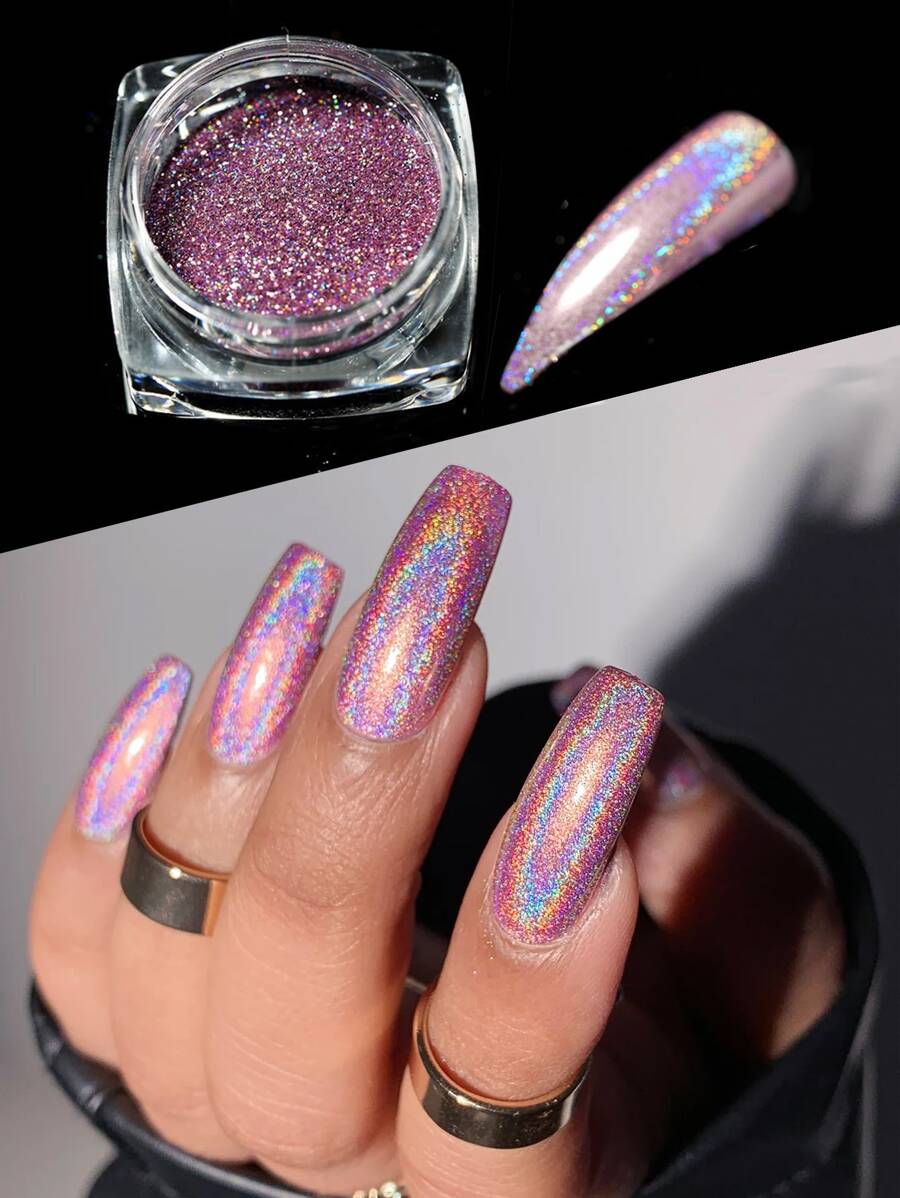 1 盒 Y2K 美学全息激光美甲闪光粉，用于指甲镜面抛光镀铬颜料闪光浸粉 DIY 指甲饰品指甲宝石指甲用品 - 紫色 - 查看 1