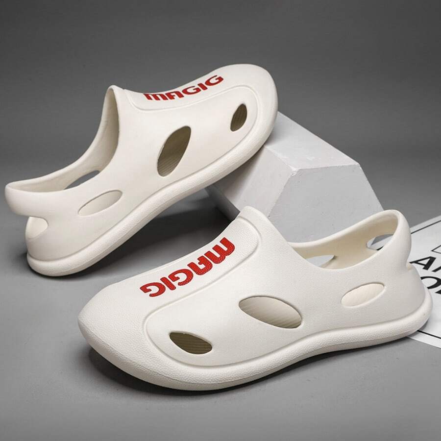 Men's Breathable Hollow Out Shoes With Letter Print Pattern, Casual Style - White - View 1