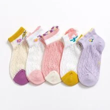 5雙/入女童3d花朵和精美蕾絲修飾超薄透氣網短襪,帶有公主和優雅風格,適用於夏季 - 彩色 - 查看 10