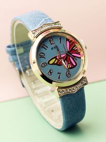Reloj Con Mariposa De Color Azul Claro - Azul - Ver 3
