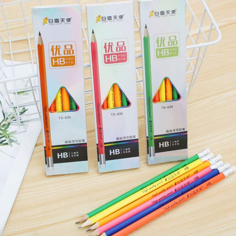 1盒6支随机颜色包装书写铅笔、素描绘图2b铅笔，适合初学者、学生、考试 - 彩色 - 查看 1