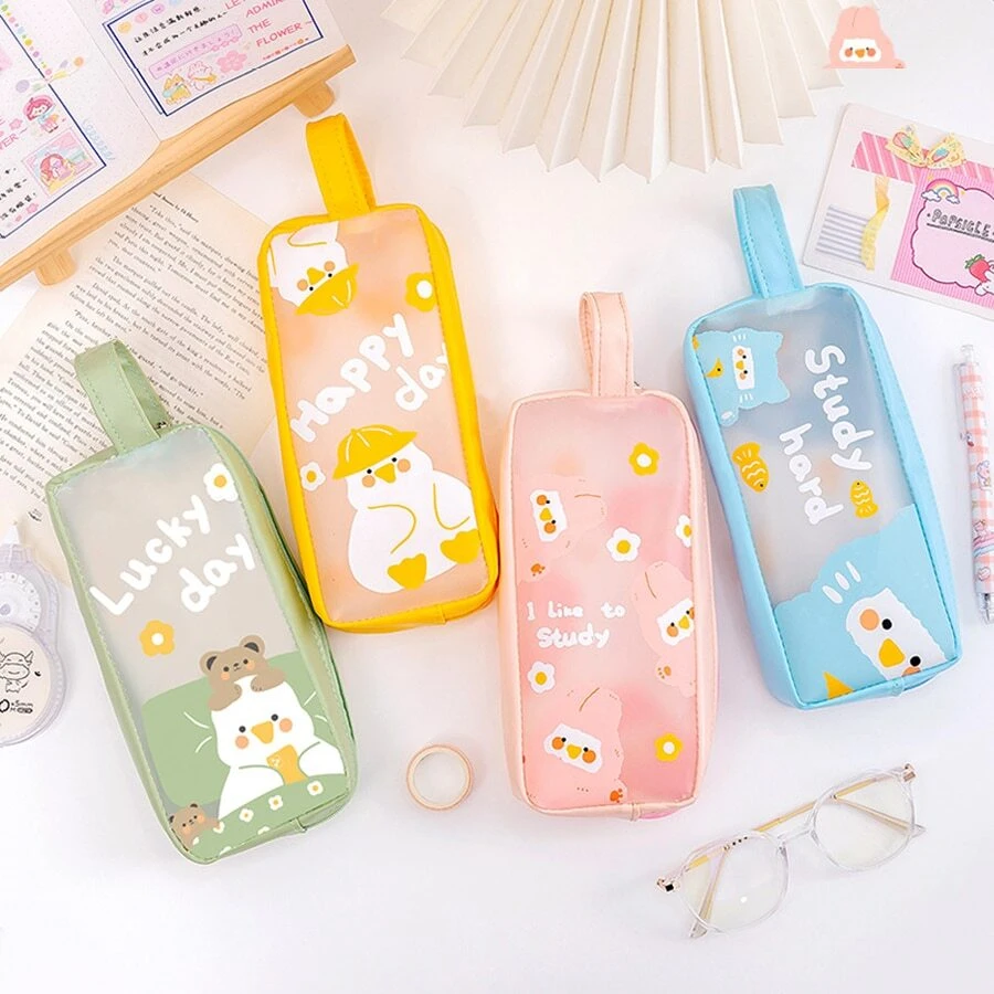 Simple & Cartoon Pvc Pencil Case - Yellow - View 1