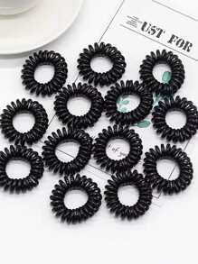 10个装螺旋发圈，小号，女士弹性橡皮筋，塑料和PU涂层，休闲马尾辫发圈，发绳，发圈，发饰，头饰，弹性发带 - 黑色 - 查看 2