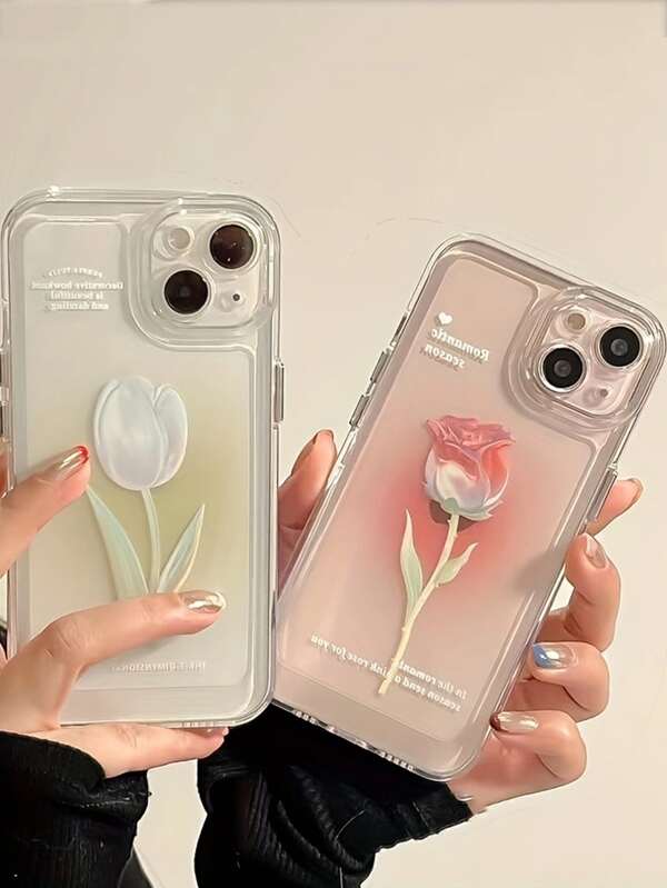 Rose Wedding 2pcs Flower Pattern Simple TPU Phone Cases Compatible With IPhone 16, 15, 14, 13, 12, 11 Pro Max, Couple Sets