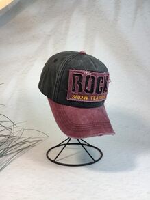 1pc Men's Color-Blocking Distressed Vintage Denim Baseball Cap With Hollow Out Embroidered Letter Rock Baseball Cap, Sunscreen And Autumn Winter Hat, Suitable For Daily Travel Street Fashion, Outdoor Sports, Cycling, Mountain Climbing, Tourism And Vacation.
